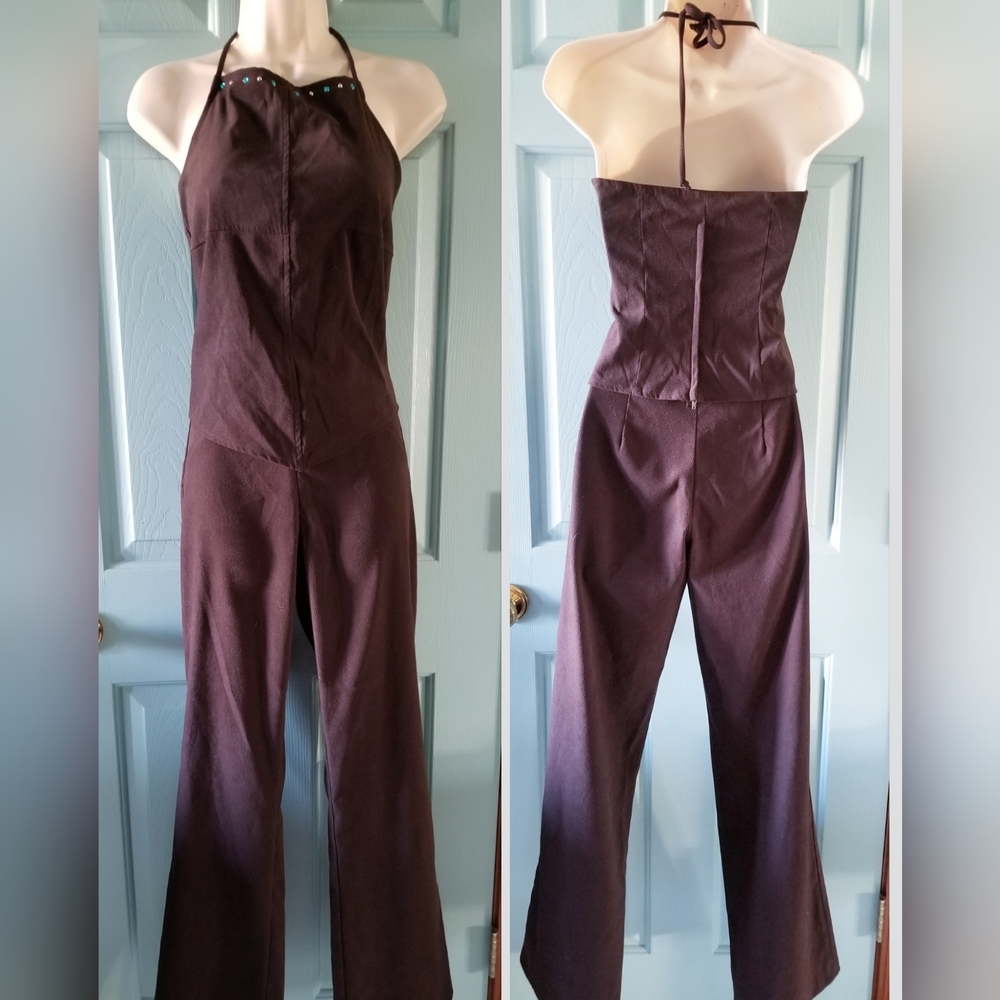 Wrapper Brown Embellished Halter Top & Pants